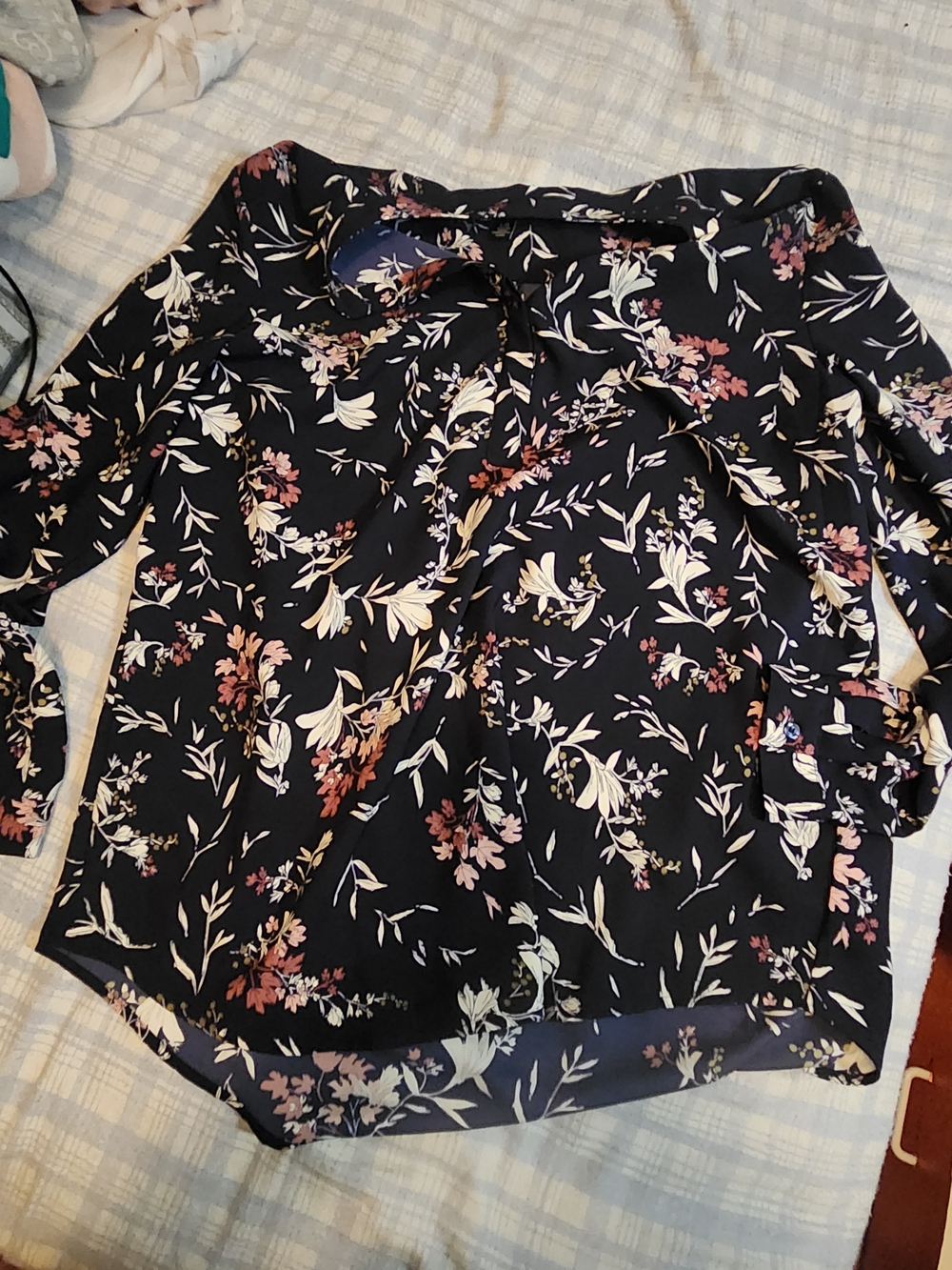 Hilary Radley Navy Floral V-Neck Blouse with Pink Accents